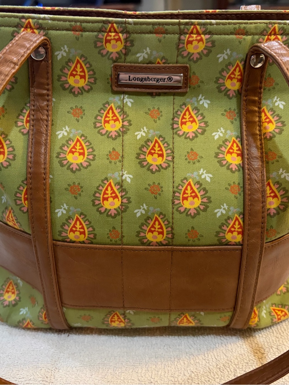 Longaberger Green Floral Tote with Brown Leather Trim